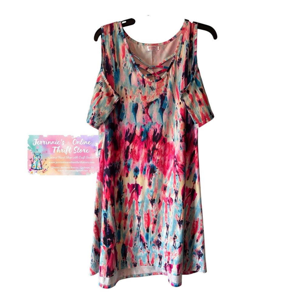 Blue Time Cold Shoulder Lattice Neck Abstract Watercolor Mini Dress XL Pink Blue
